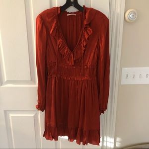 ULLA JOHNSON RUST RED SILK RUFFLE DRESS SZ 2